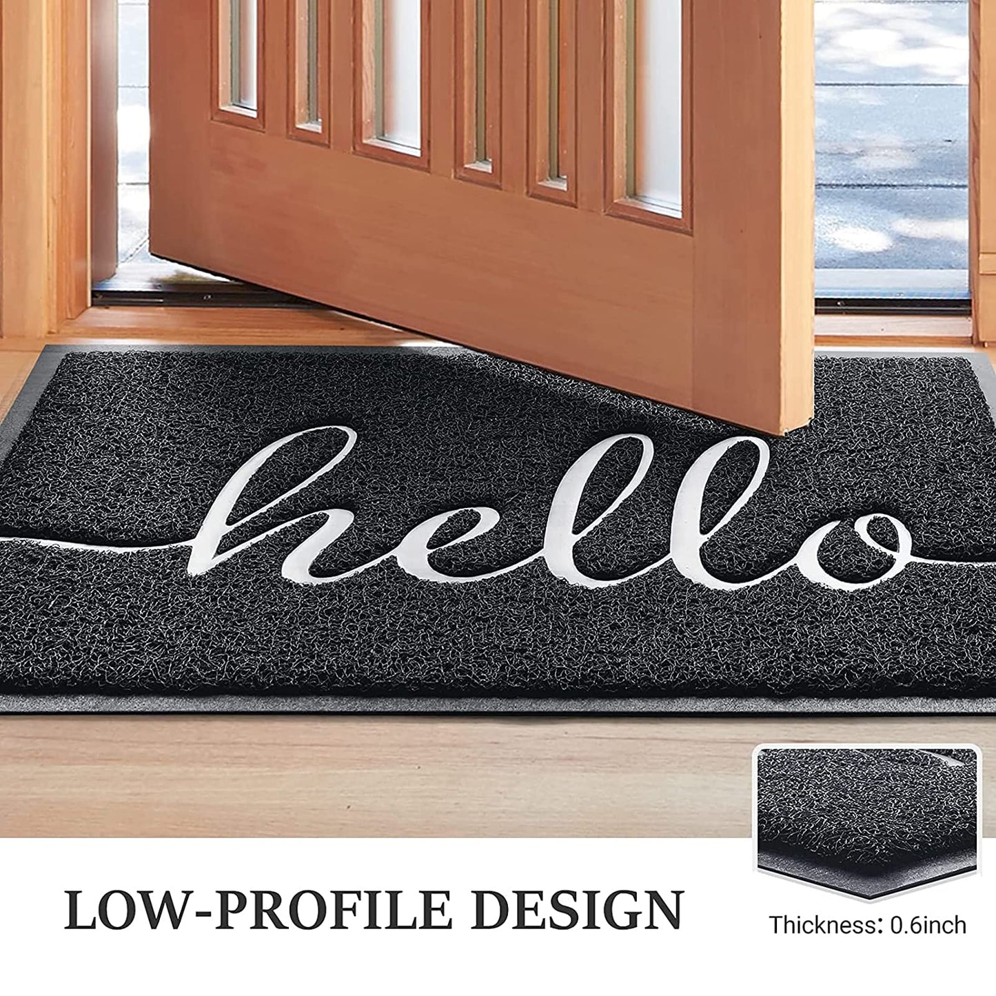 Door Mat Durable Welcome Mat, Low Profile Floor Mat Front Doormat Indoor Outdoor Door Rug Non Slip Rugs for Entryway, Patio, High Traffic Areas (Hello)