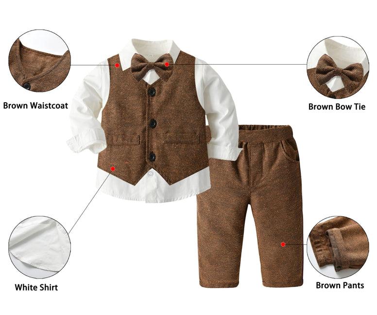 SANGTREE Boys Clothes Set, Shirt with Bow Tie + Newsboy Hat + Suspender Pants Sets, 3 Months - 9 Years