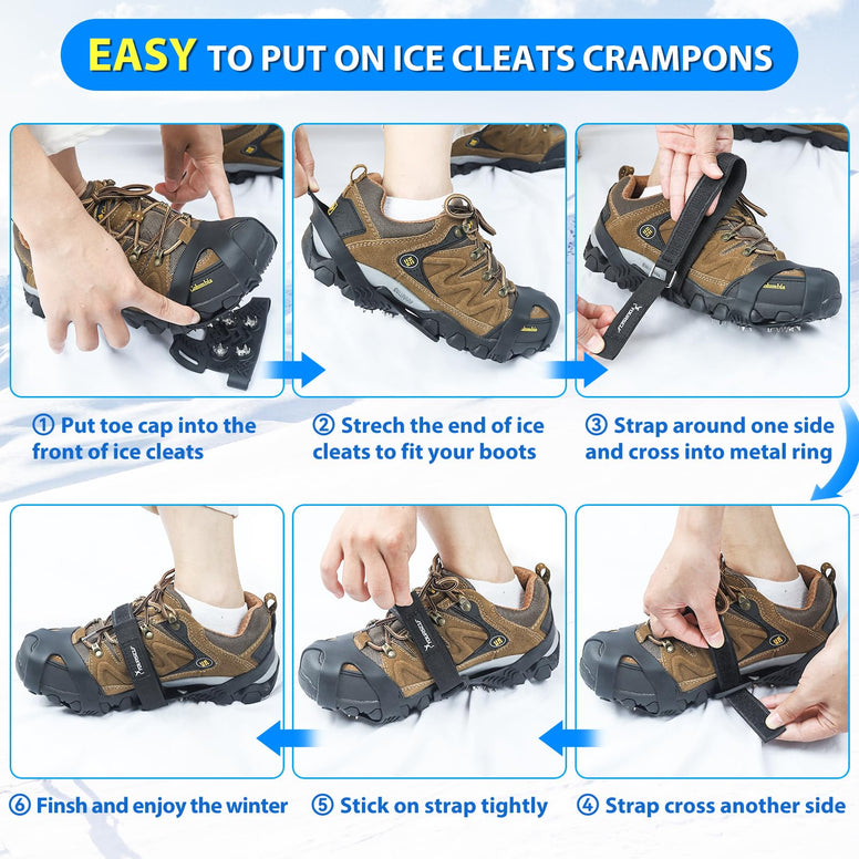 SYOURSELF Ice Cleats, Crampons Ice Cleats for Shoes and Boots Women Men Kids, Non Slip Grippers Spikes for Shoes with Straps, Ice Traction Cleats for Snow and Ice, Hiking, Walking, Fishing, Climbing