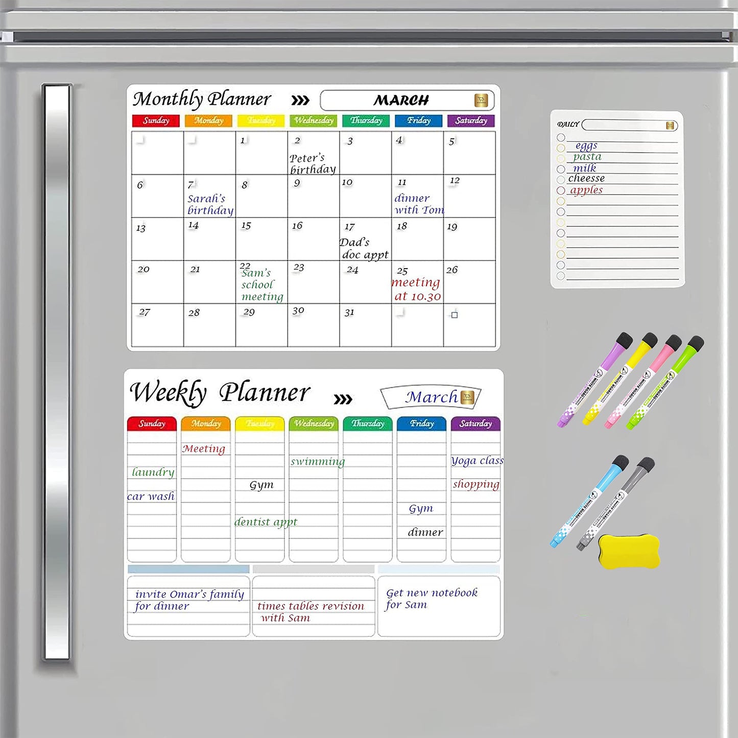 Dry Erase Calendar Whiteboard. Set of 3 Magnetic Calendars for Refrigerator: Monthly, Weekly Organizer & Daily Notepad. Wall & Fridge Family Calendar. 6 Fine Point Markers & Eraser Included