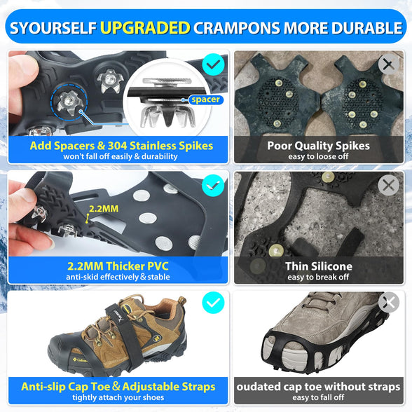 SYOURSELF Ice Cleats, Crampons Ice Cleats for Shoes and Boots Women Men Kids, Non Slip Grippers Spikes for Shoes with Straps, Ice Traction Cleats for Snow and Ice, Hiking, Walking, Fishing, Climbing