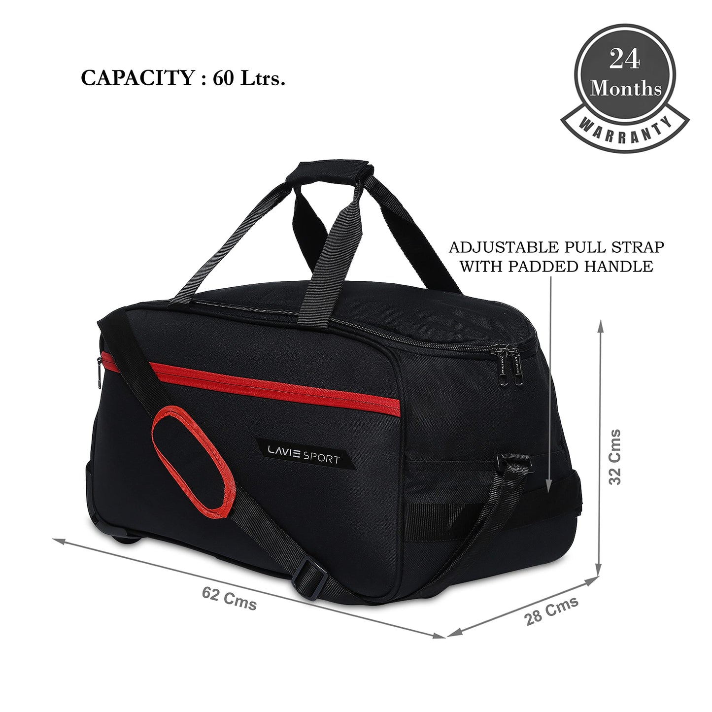 Lavie Sport Duffle Bag for Travel | 2 Wheel Luggage Bag | Travel Bag with Adjustable Handle, Black, 63 cms, Large Size