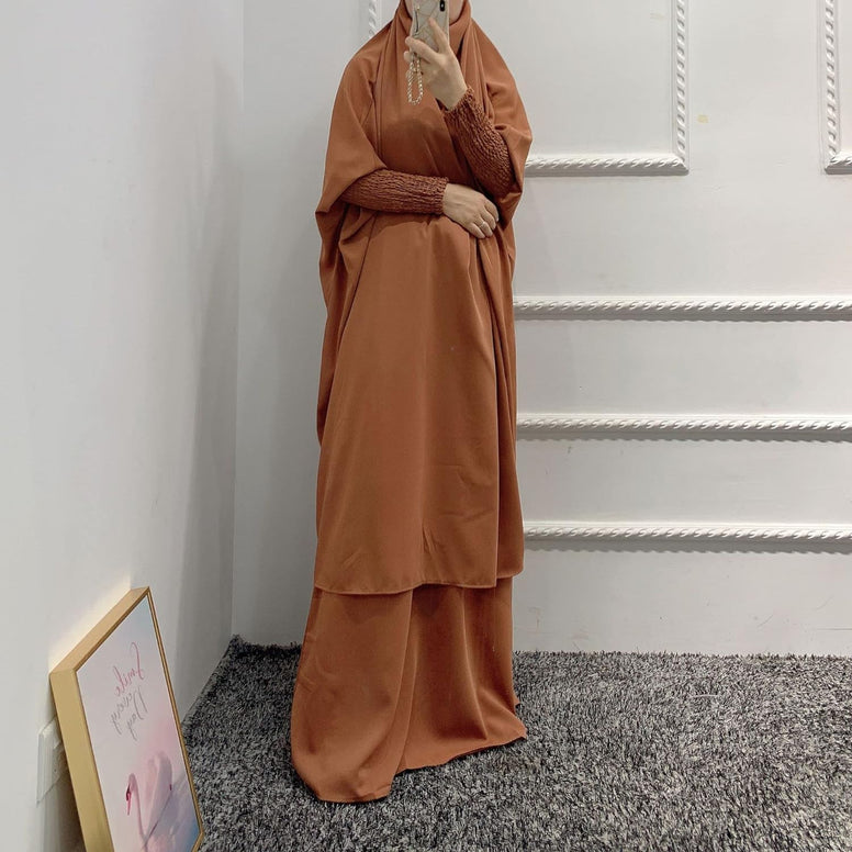 BOJON Muslim Two Piece Prayer Dress for Women Abaya Dress Islamic Middle East Dubai Turkey Maxi Abaya Kaftan with Full Length Hijab Dress