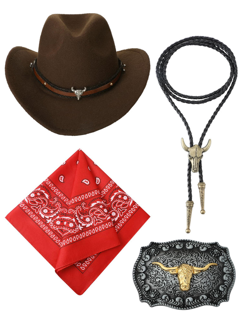 Toulite 4 Pcs Men's Western Cowboy Accessories Cowboy Hat Leather Necktie Necklace Bull Horn Cosplay Cowboy Western Belt Buckle Paisley Bandana for Halloween