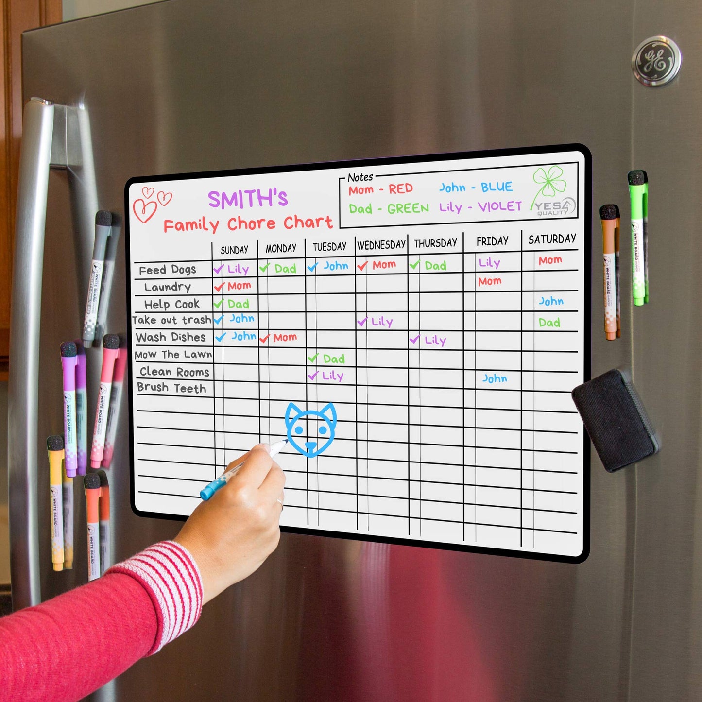 Large Magnetic Dry Erase Chore Chart 19 x 13 in - with Stain Resistant Technology - Fridge White Board Planner for Multiple Kids, Teens and Adults - Includes 8 Markers and Eraser with Strong Magnets