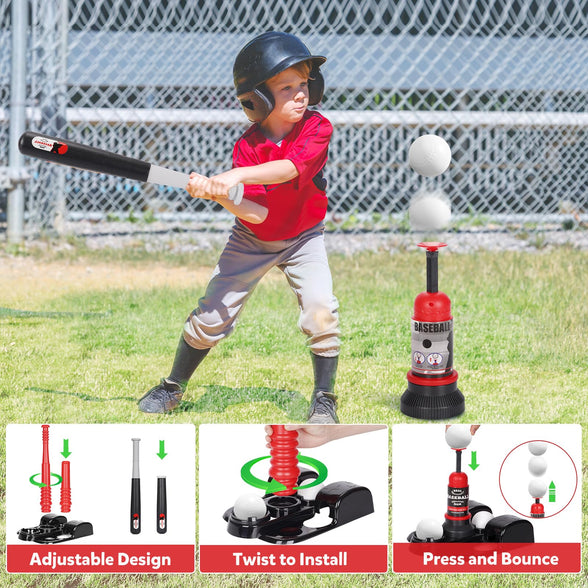 KIZJORYA T Ball Set, Tee Ball Set for Kids 3-5 with 6 Large Baseballs & Automatic Pitching Machine & Adjustable Batting Bat, Outdoor Games Sports Toy Gift for Toddlers Boys Girls Ages 5-8 8-12