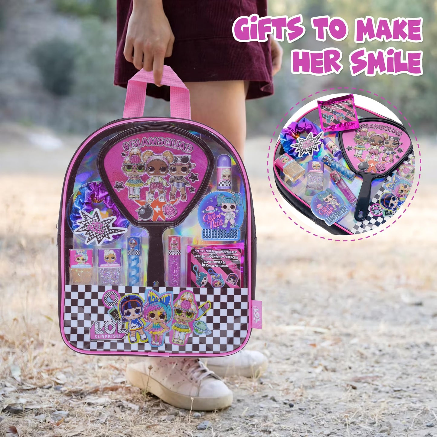 L.O.L Surprise! Townley Girl backpack Cosmetic makeup Set 10 Pieces, Including Lip Gloss, Nail Polish, Scrunchy, Mirror and Surprise Keychain, Ages 5+ Perfect for Parties, Sleepovers and Makeovers