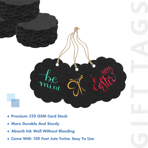 200 Pcs Kraft Paper Gift Tags Black Wave Gift Tags with 30 Meters Natural Jute Twine for Craft Packaging (6cm Diameter)
