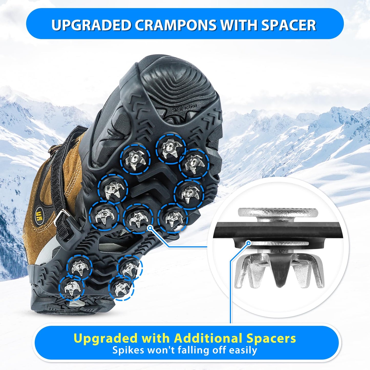 SYOURSELF Ice Cleats, Crampons Ice Cleats for Shoes and Boots Women Men Kids, Non Slip Grippers Spikes for Shoes with Straps, Ice Traction Cleats for Snow and Ice, Hiking, Walking, Fishing, Climbing