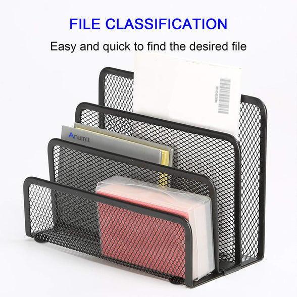 Desk File Organizer, Anumit Desk Mail Organizer Small Letter Sorter Desktop Paper Organizer Metal Mesh with 3 Vertical Upright Compartments