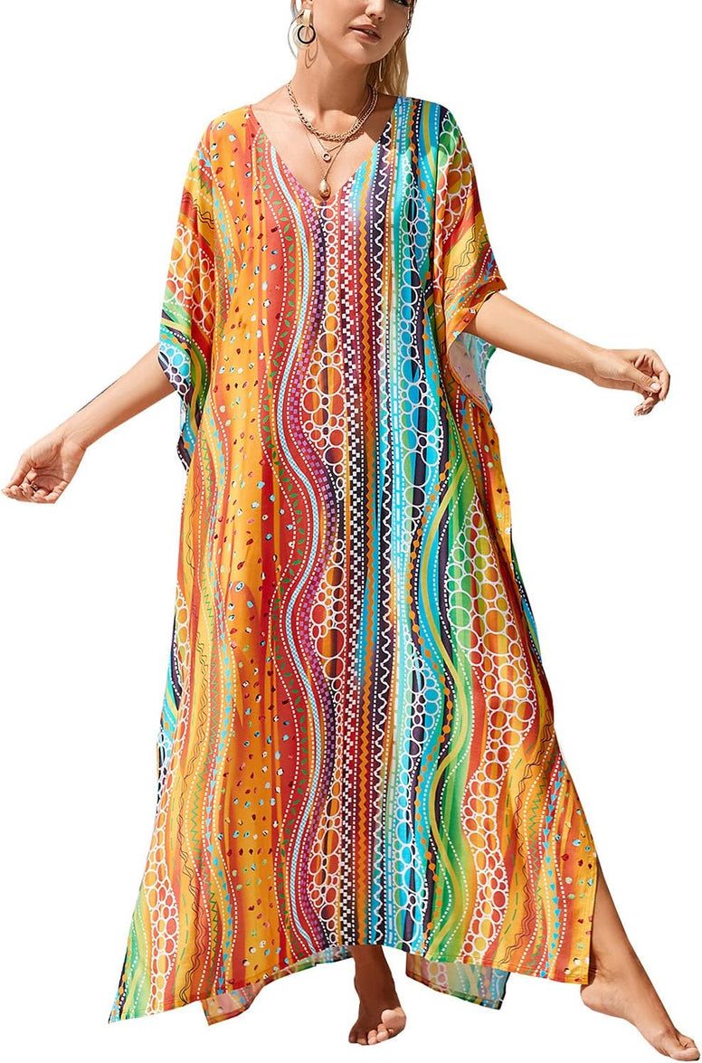 YouKD Maxi Dress V-Neck Kaftan Boho Robes Beach Cover-ups Dress Roomy Gowns for Women