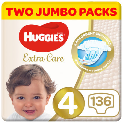 Huggies,Extra Care Baby Diapers,Diapers Size 4(8-14kg),Mega Pack of 136 Diapers,Absorbent Channels and Strechy Waistband,12h Day & Night Protection,Free from Nasties