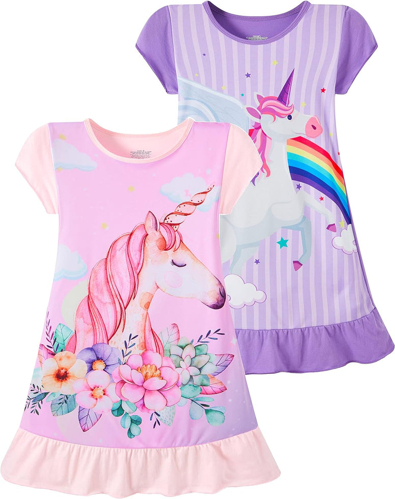 LOLPIP Nightgowns for Girls Dress Kids Nighties Unicorn Night Gown 3-10 Years Short Sleeve