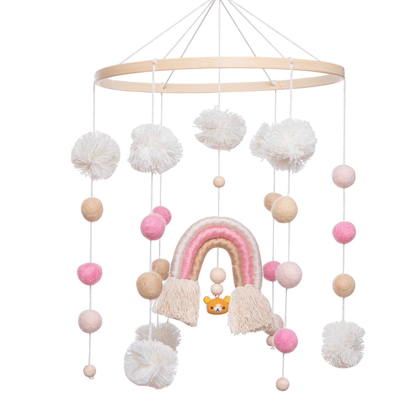 Promise Babe Baby Mobile for Cot,Wooden Rainbow Baby Mobiles Felt Clouds Ball Cot Mobiles Nursery Wooden Crochet Bear Clouds Mobiles Newborn Boy Girl Bed Bell Wind Chimes Nursery Mobiles for Babies