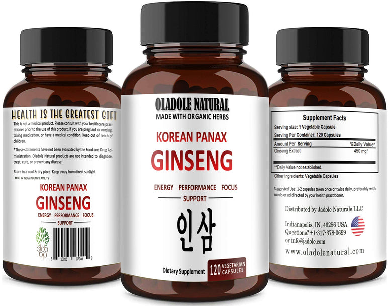 Oladole Naturals Korean Panax Ginseng- 120 Vegan Capsule | Supports Energy, Performance, Focus, Extra Strength, Potency, Improve Blood Flow With High Ginsenosides | For Mem & Women
