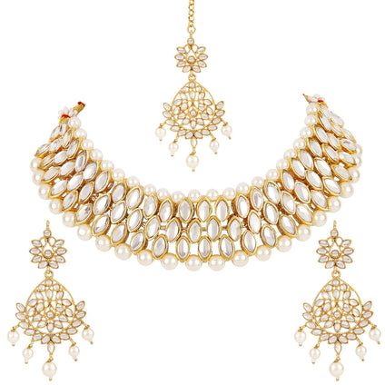 Shining Diva Latest Choker Design Traditional Kundan Earrings Maang Tikka Necklace Jewellery Set for Women (White) (11299s)