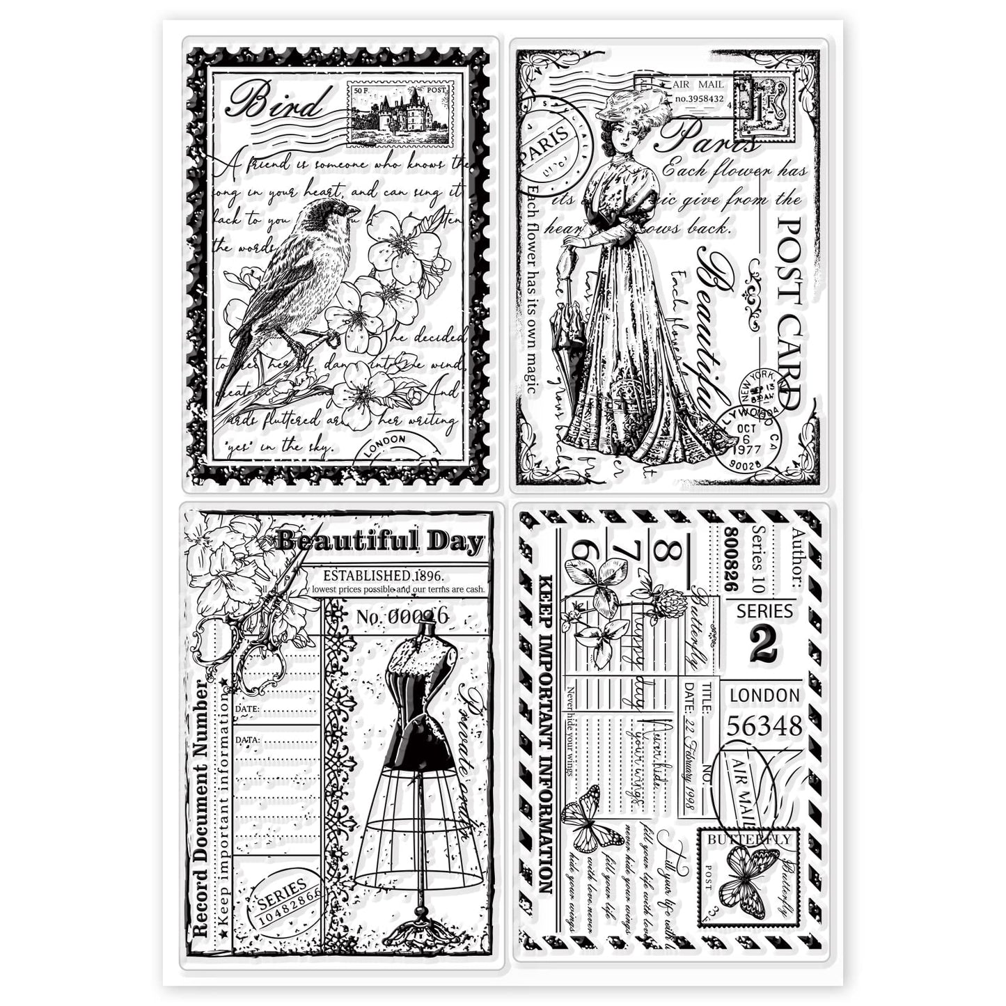 GLOBLELAND Vintage Ticket Postcard Clear Stamps for Card Making Decorative Butterfly Dress Lady Transparent Silicone Stamps for DIY Scrapbooking Supplies Embossing Paper Card Album Decoration Craft