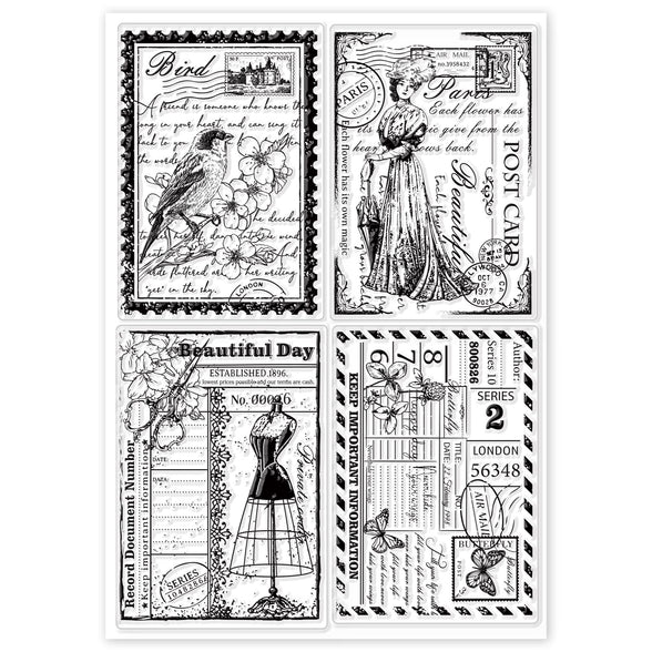 GLOBLELAND Vintage Ticket Postcard Clear Stamps for Card Making Decorative Butterfly Dress Lady Transparent Silicone Stamps for DIY Scrapbooking Supplies Embossing Paper Card Album Decoration Craft