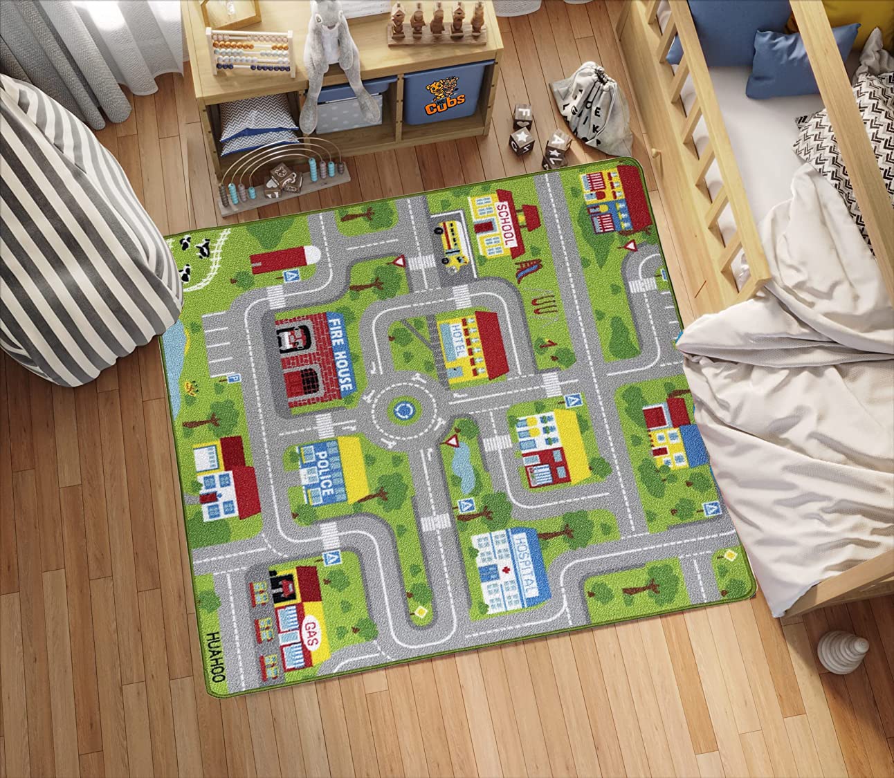 HUAHOO City Street Map Kids' Rug with Roads Kids Rug Play mat with School Hospital Station Bank Hotel Book Store Government Workshop Farm for Boy Girl Nursery Bedroom Playroom Classroom (39" X 39")