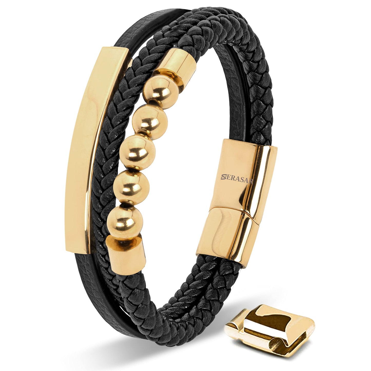 SERASAR | Men's Premium Genunie Black Leather Bracelet [Pearl] | Magnetic Stainless Steel Clasp in Black, Silver and Gold | Exclusive Jewellery Box | Great Gift Idea