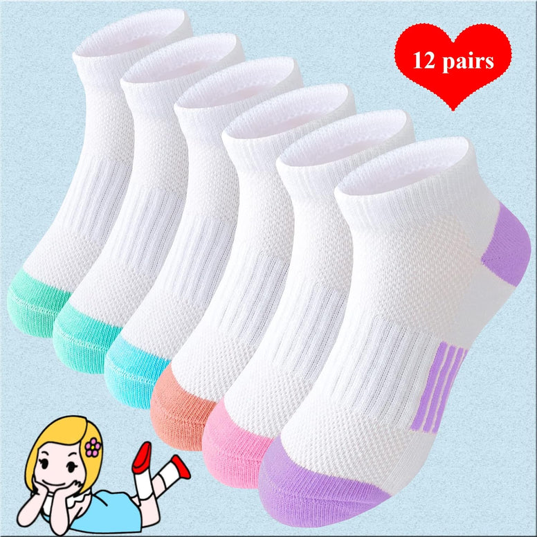 Bemeol Girls Socks 12 Pairs Ankle Athletic Socks Cotton Sports Socks For Little Big Kids