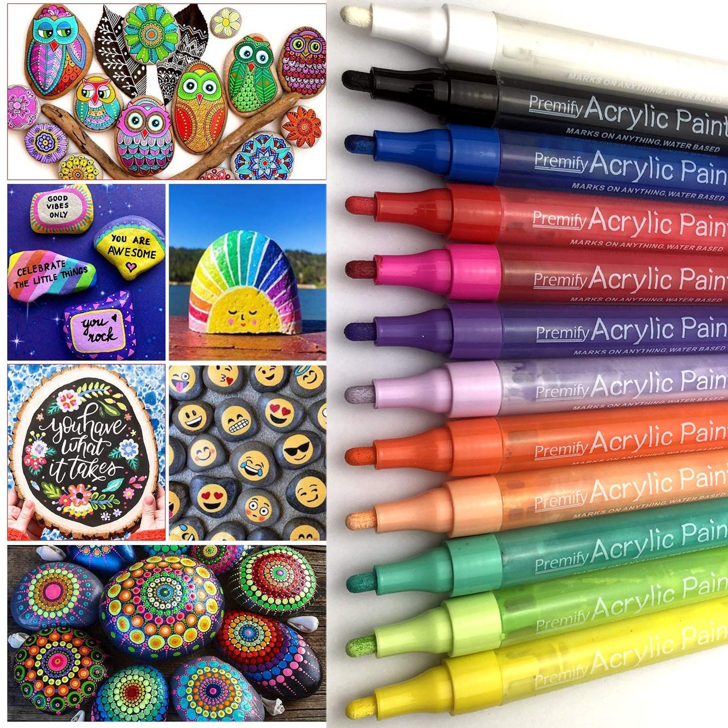 Premify Paint Pens Acrylic Markers Set (12-Color) For Rock Painting, Glass, Wood, Ceramic, Fabric, Paper, stones, Mugs, Calligraphy Drawing Colouring Artist Pen, Marker for Kids Adults Arts and Crafts