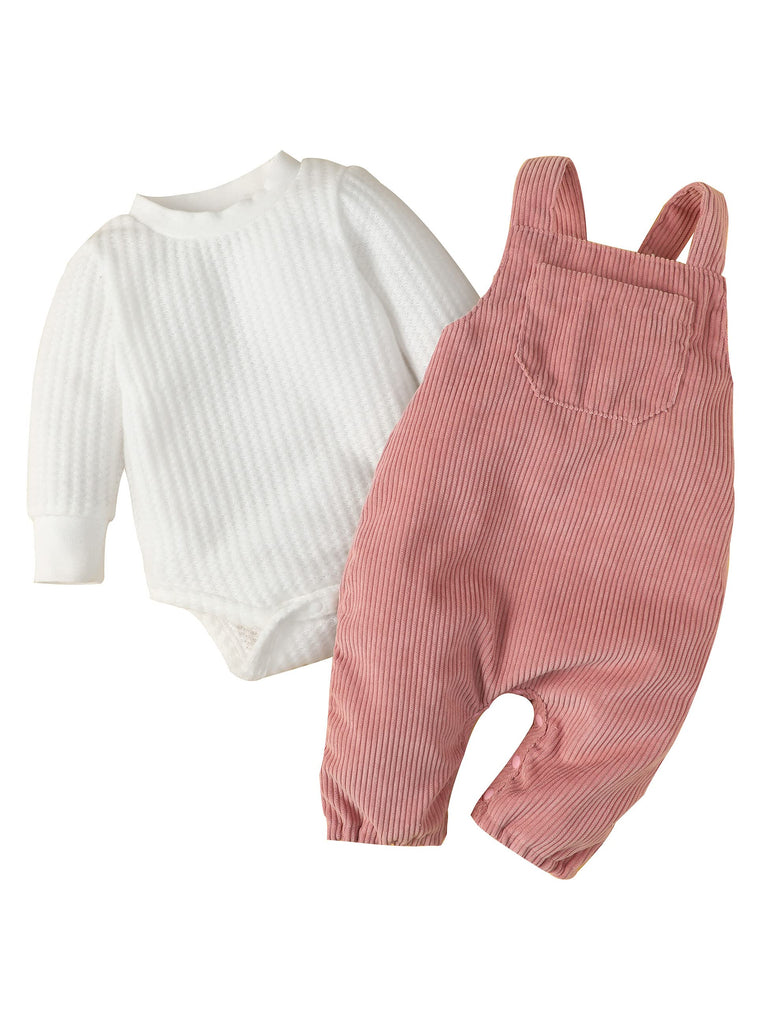 FRLOONY Newborn Baby Girl Clothes Solid Ribbed Long Sleeve Romper + Corduroy Overalls Pants Set Infant Girls Outfits 2Pcs(3-6 M )