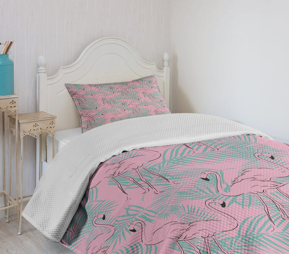 Lunarable Tropical Bedspread, Exotic Print of Flamingos and Palm Leaves in Pastel Tones, Decorative Quilted 2 Piece Coverlet Set with Pillow Sham, Twin Size, Pale Pink Cadet Blue Charcoal Grey