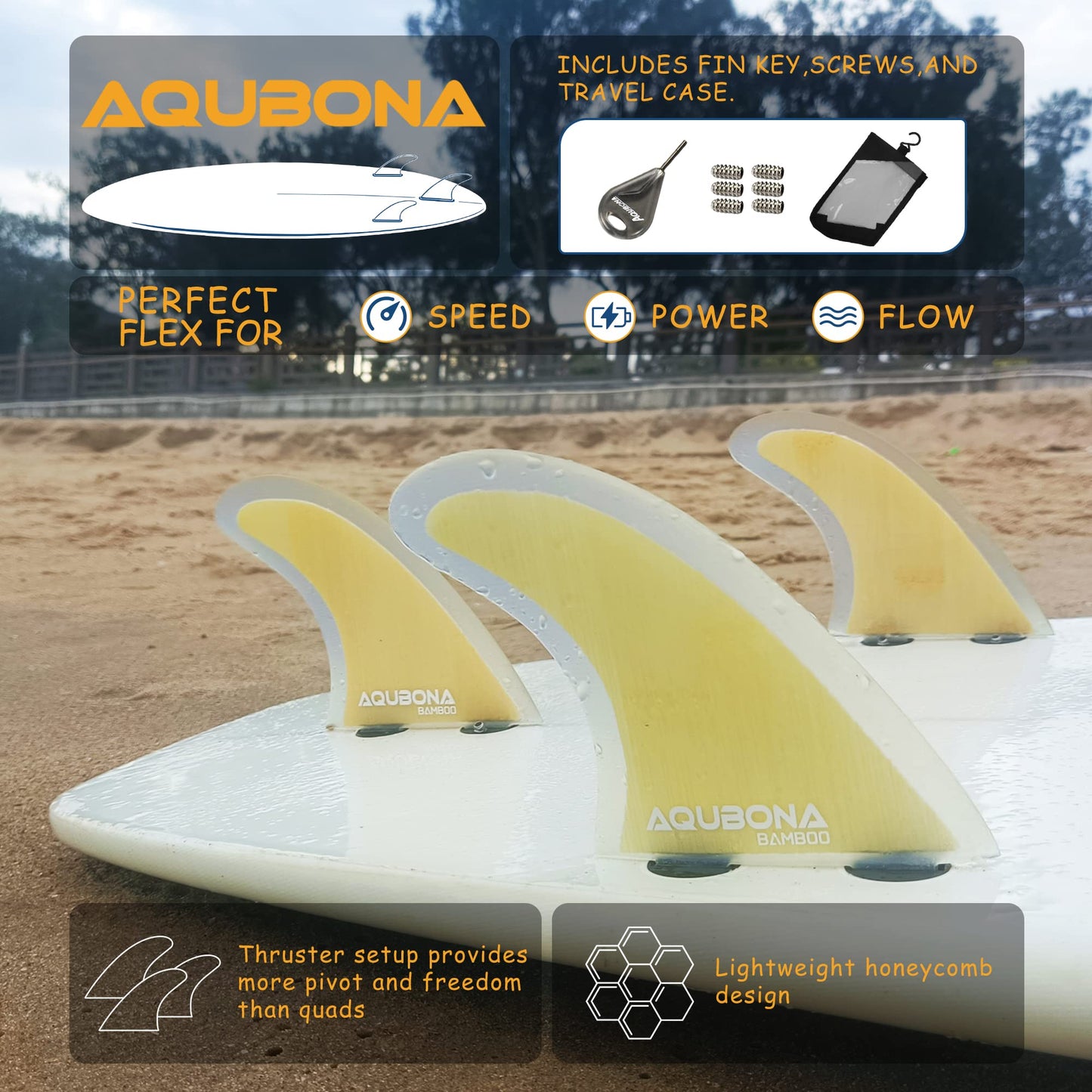 AQUBONA Surfboard Fins, Fiberglass Double Tabs Single Tabs Fins, Thruster (3 Fins) G5 Medium Future Fin for Surfing with Fin Key Screws Bag, Multiple Colour