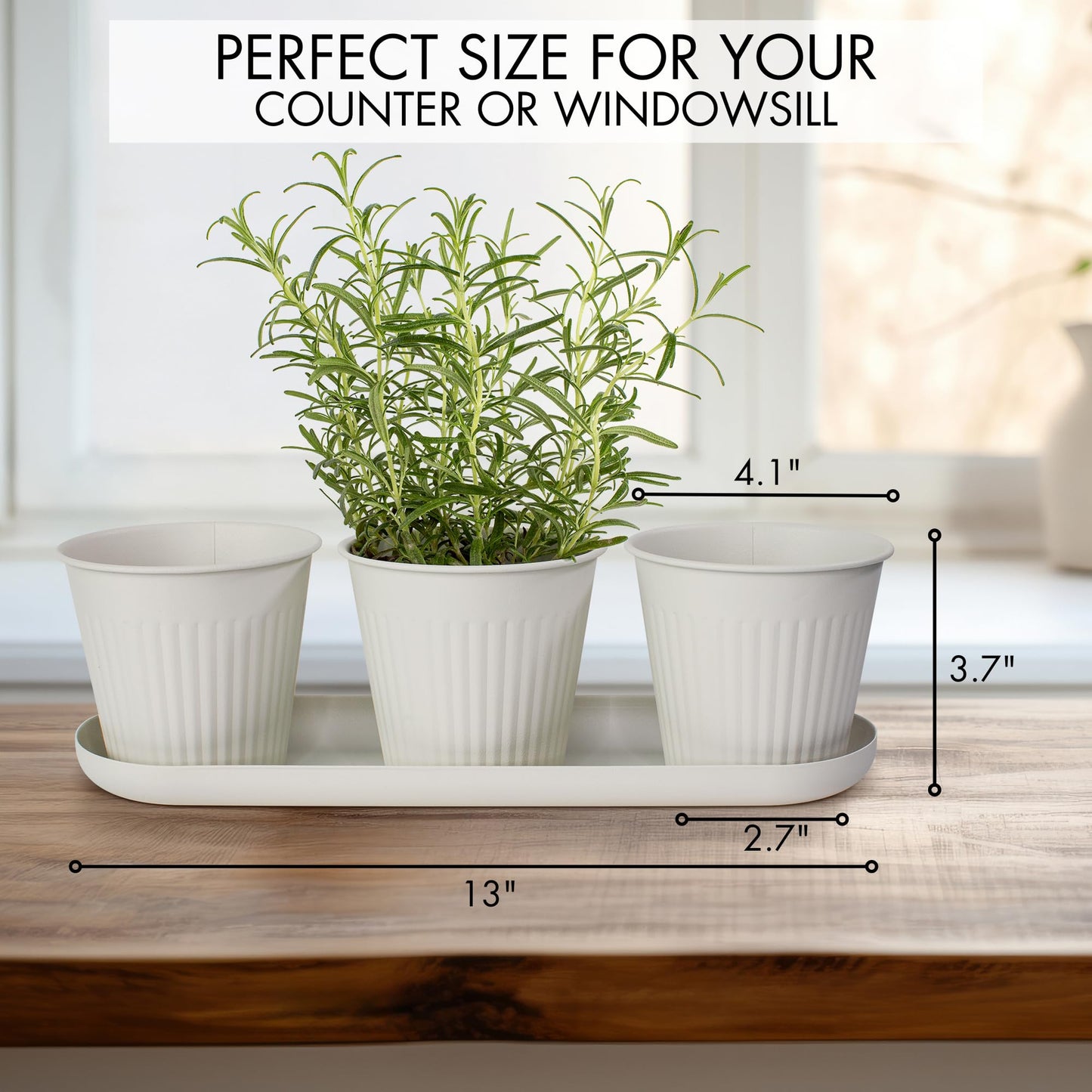 Beautiful Indoor Herb Planter Set of 3 - Perfect Set to Grow Your Fresh Herbs at Home - A Modern Gardening Planter Kit for Your Kitchen Window Sill Incl. Tray & Drainage Holes for Happy Plants