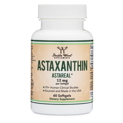 Astaxanthin 12mg Max Strength (AstaReal: Natural Patented Astaxanthin with 70+ Human Clinical Trials - World's Most Studied Brand) Grown, Harvested, and Made in The USA by Double Wood Supplements