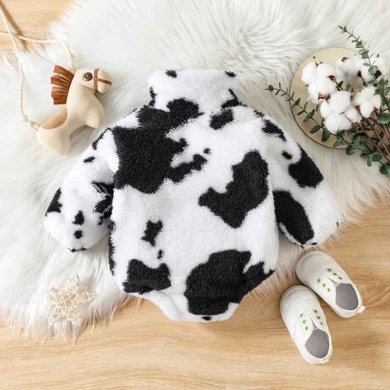 Tempura Baby Girls Boys Winter Warm Romper Long Sleeve Stand Collar Cow Print Half Zipper Playsuit Jumpsuit (0-6 Months)