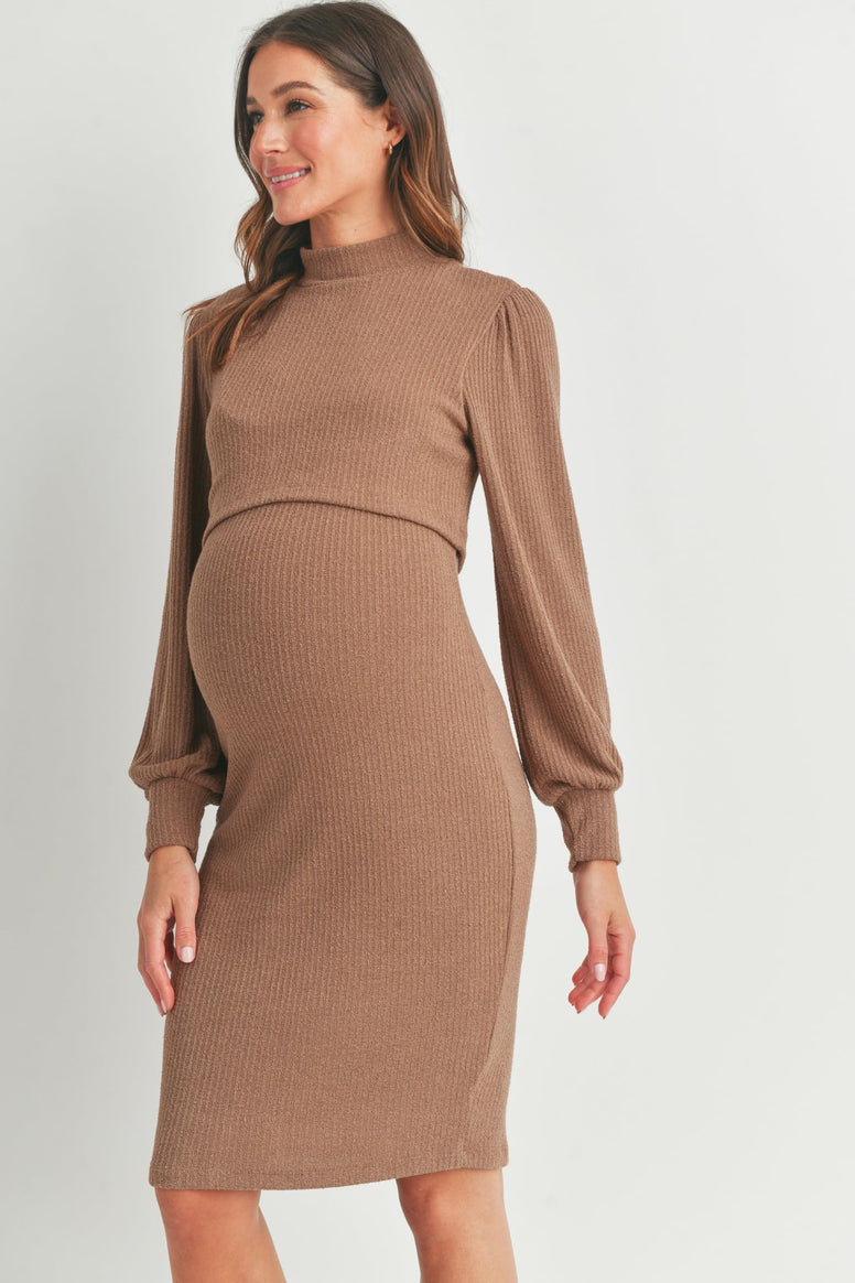 Womens Long Sleeve Mock Neck Ribbed Maternity Nursing Dress