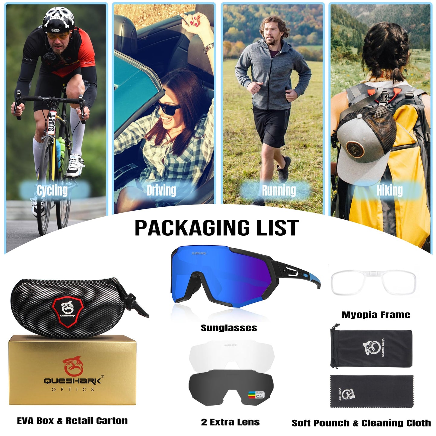 Queshark Cycling Glasses Sports Sunglasses for Men Women with 1 Polarized 2 HD Lens For MTB Running Driving Fishing Baseball