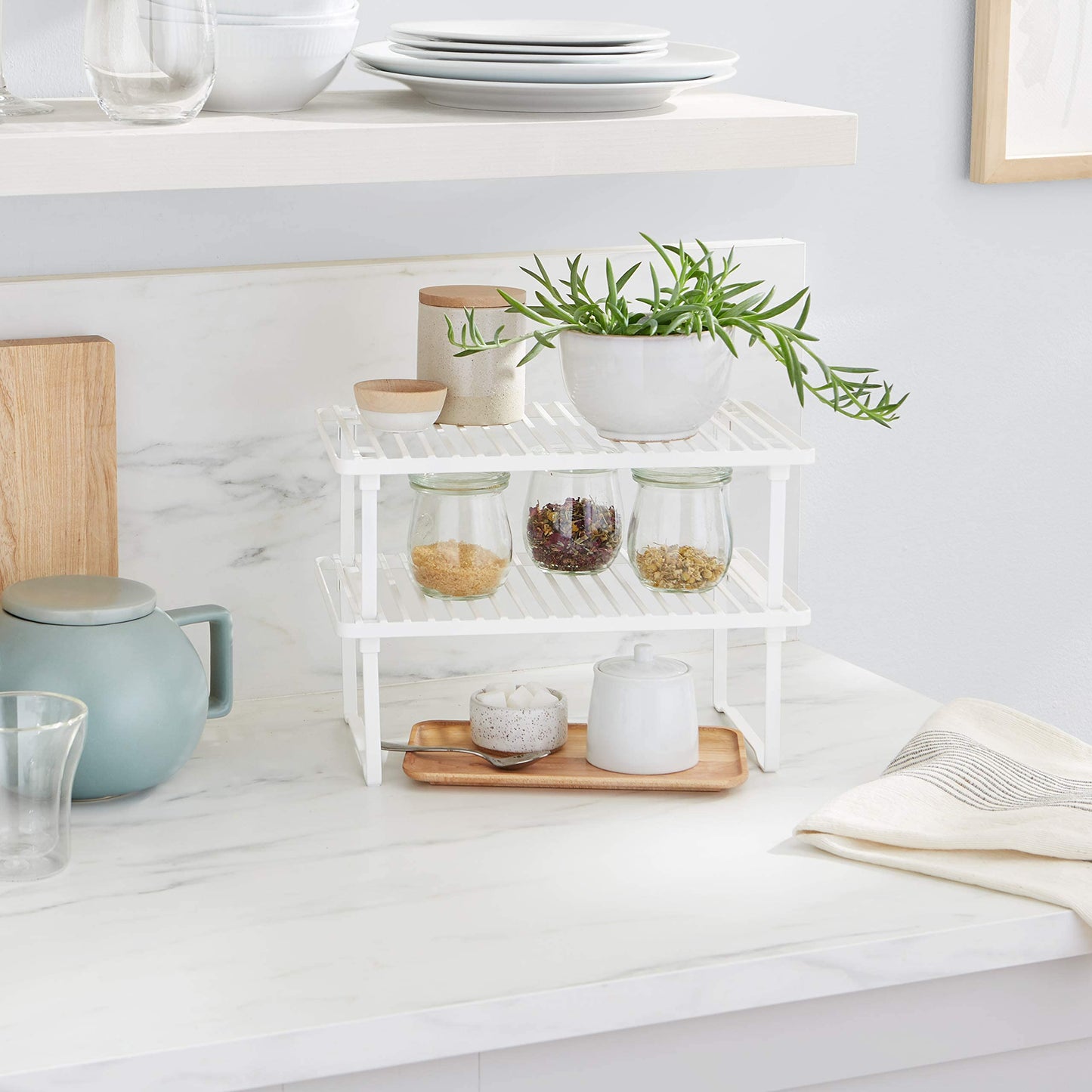 Stackable Metal Kitchen Storage Shelves, Set of 2 - White