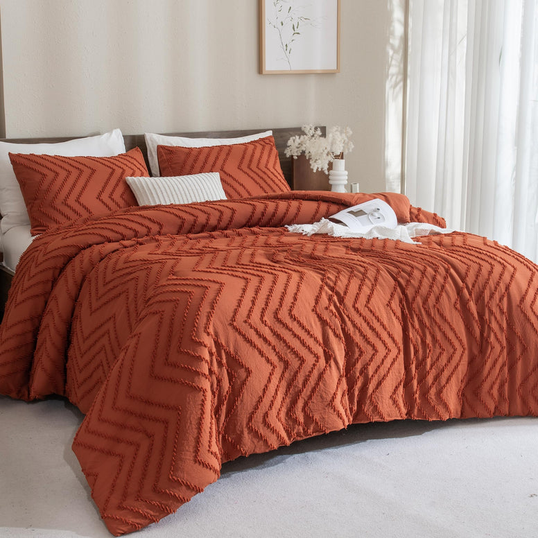 Andency Burnt Orange Comforter for Queen Size Bed, 3 Pieces Terracotta Boho Fall Chevron Bedding Comforter Set (1 Tufted Comforter & 2 Pillowcases), Lightweight Rust Microfiber Bed Set for All Seaon