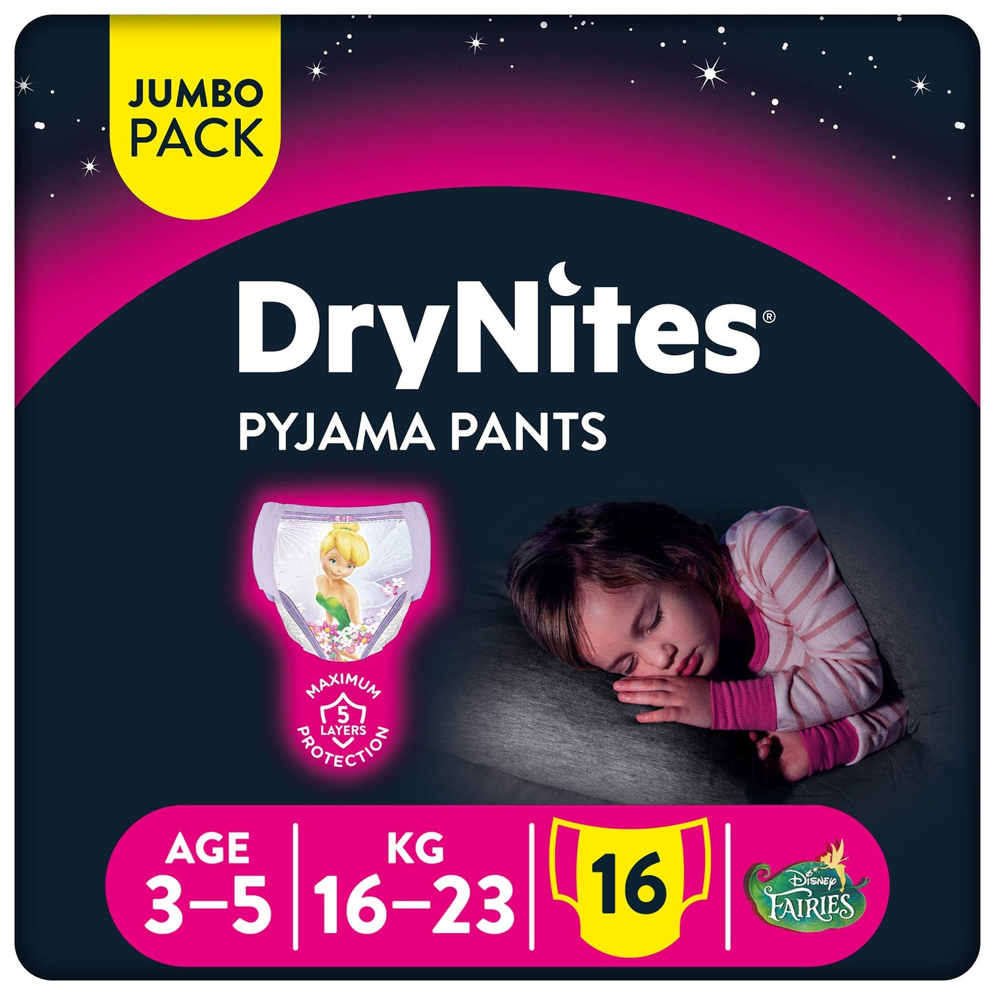 Huggies,DryNites Pyjama Pants for Girls,Pullup Diaper Pants Age 3-5(16-23kg),Jumbo Pack of 16 Premium Night Pants,Maximum Absorbency,Stretchy Sides for Comfortable Fit,Marvel Characters Design