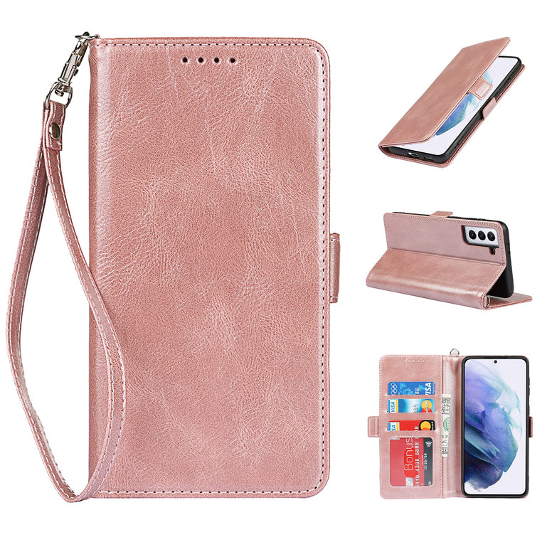 iCoverCase for Samsung Galaxy S21 Plus Case, PU Leather Wallet Case with Wrist Strap Card Holder Shockproof Flip Cover Case - Rose Gold