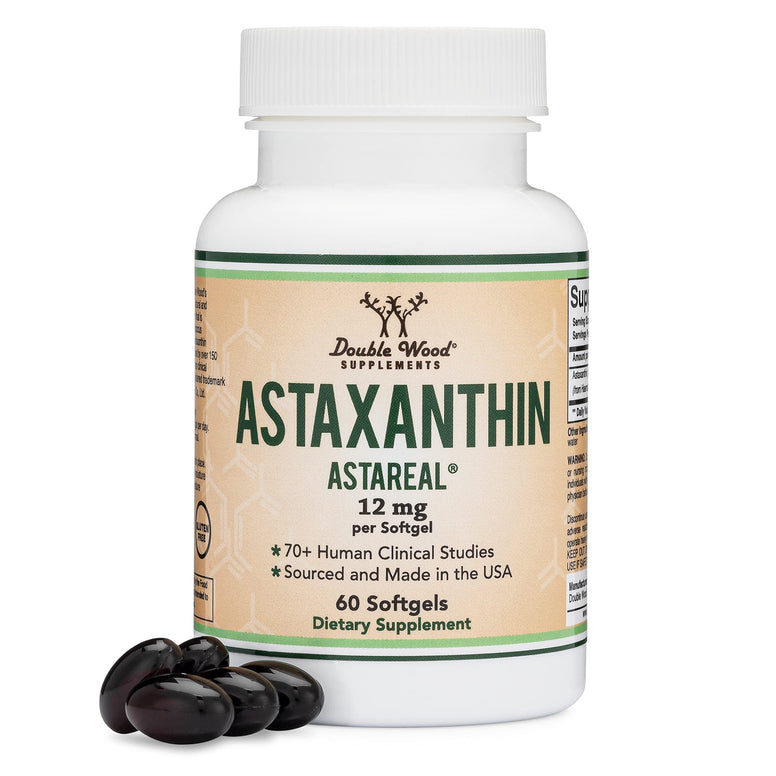 Astaxanthin 12mg Max Strength (AstaReal: Natural Patented Astaxanthin with 70+ Human Clinical Trials - World's Most Studied Brand) Grown, Harvested, and Made in The USA by Double Wood Supplements