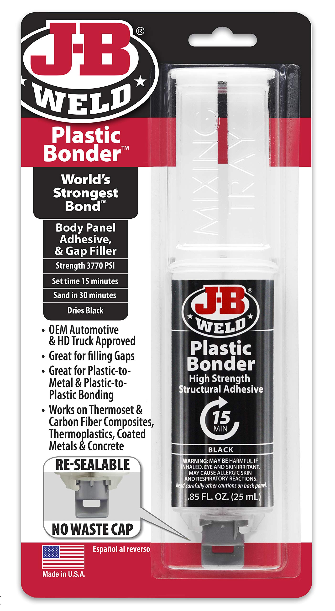 J-B Weld 50139 Plastic Bonder Body Panel Adhesive And Gap Filler Syringe - Black - 25 Ml
