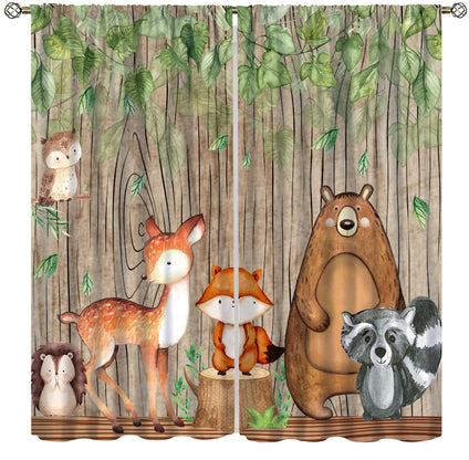 Forest Animal Kids Curtains, Wild Rustic Bear Fox Deer Children Cartoon Window Treatments for Living Room, Watercolor Woodland Animal Blackout Drapes 2 Panel Sets,42x45 Inch