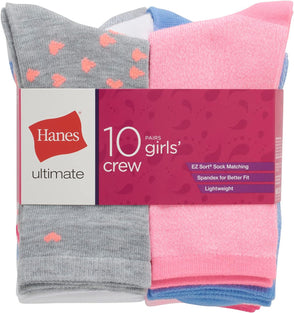 Hanes girls Ultimate Fashion Crew Socks Pack, Lightweight Stretch Crew Socks, Assorted 10-pair Pack, Small Socks (pack of 10)