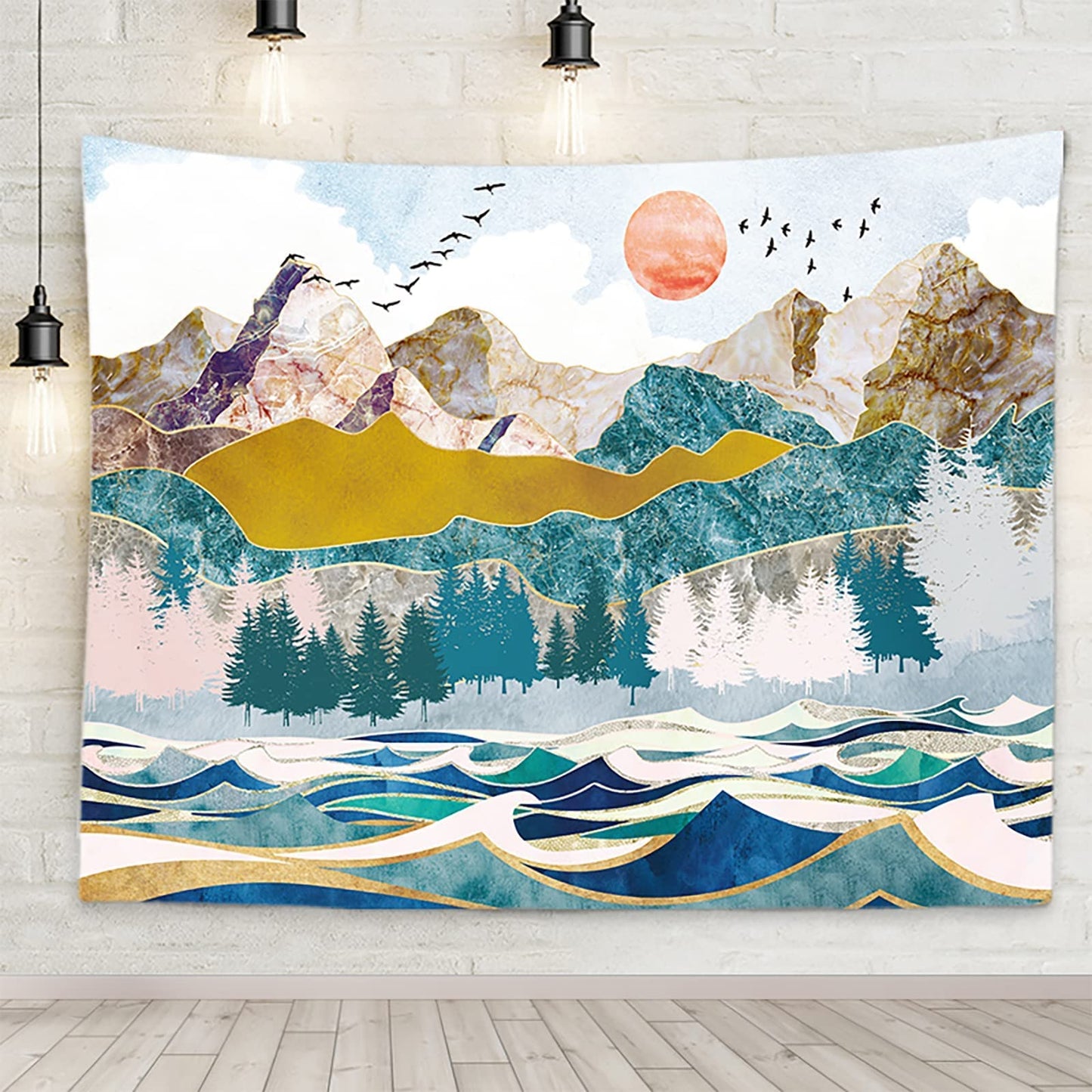 Mountain Tapestry Forest Wave Landscape Tapestry Large Nature Landscape Wall Hanging, Aesthetic Tapestry For Living Room Bedroom Wall Art Nature Home Decor (150x130cm)