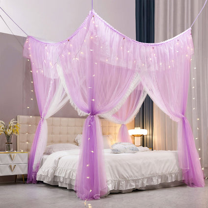 VETHIN 4 Corners Post Ruffle Princess Bed Canopy Curtain-Double Layer Cozy Drape Netting 4 Opening Mosquito Net for Girls Adults Bedroom Decoration (Double-Purple, 59