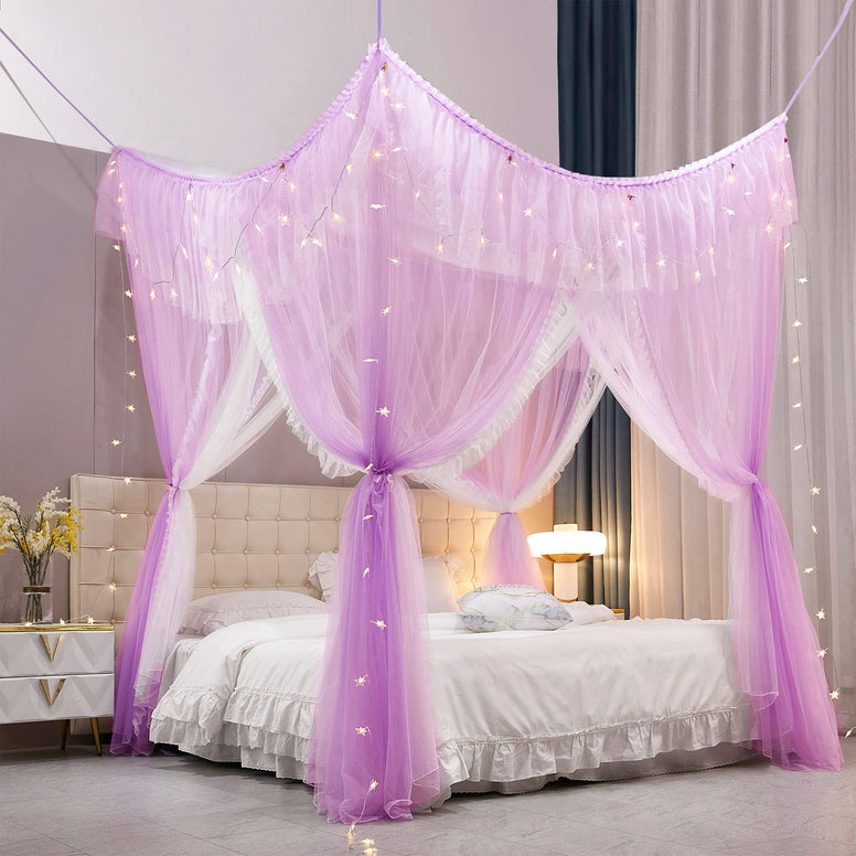 VETHIN 4 Corners Post Ruffle Princess Bed Canopy Curtain-Double Layer Cozy Drape Netting 4 Opening Mosquito Net for Girls Adults Bedroom Decoration (Double-Purple, 59" W*82" L*82"*H/(Queen))