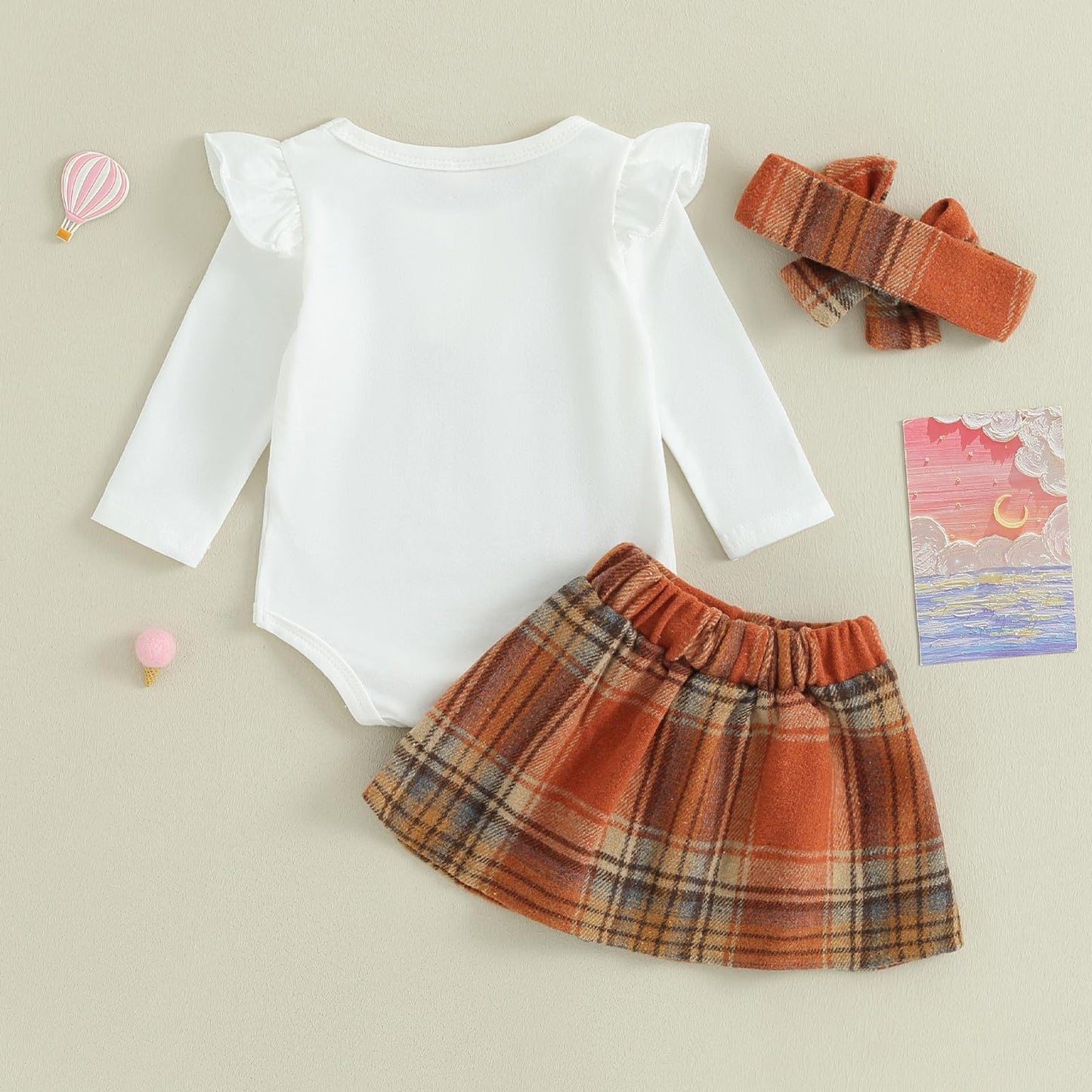 Kuriozud Newborn Baby Gir Fall Winter Outfit Long Sleeve Ruffe Romper Palid Bow Skirt Set Headband 3pcs Clothes for Toddler(3-6 M)