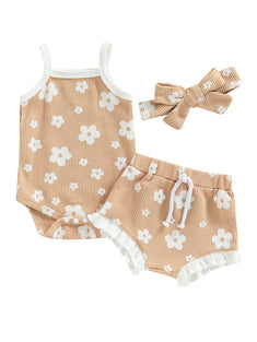 Newborn Baby Girl Clothes Infant Flower Sleeveless Romper Tops Headband Shorts Set Summer Outfits (0-3 Months)