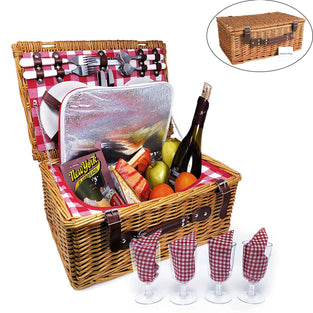 Display4top Deluxe 4 Person Traditional Wicker picnic basket Wicker Hamper - Premium Set with Plates, Wine Glasses, Flatware and Napkins (Pink)