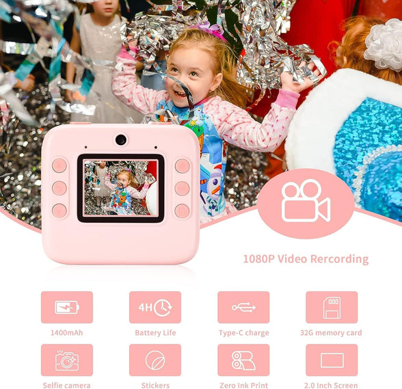 Kids Camera,Instant Print Camera with 32GB Card,48MP 1080P HD Video Camera,Digital Camera with Zero Ink, Toys Gifts for Girls Boys Aged 3-12