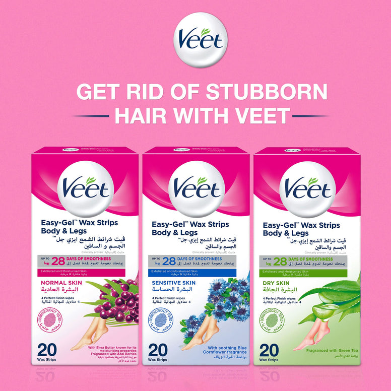 Veet Hair Removal Easy-Gel Wax Strips Body & Legs for Normal Skin, Moisturising Shea Butter and Acai Berries Scent – 20 Wax Strips, Twin Pack